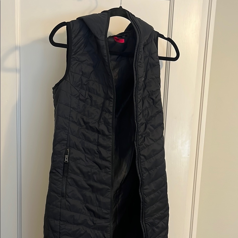 Women's Black Quilted Long Hooded Vest